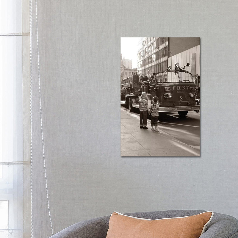 1970s 2 Children Boy Girl Holding Hands Looking At Fire Truck Parked On Street New York City - Wrapped Canvas Print