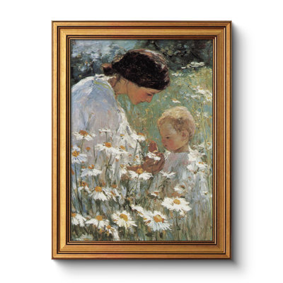 Vintage Motherhood Artwork Canvas Print Mothers Day Gift, Antique Gold Frame Mother Child Wall Art 12x16 Impressionist Daisy Field Painting, Romantic Floral Decor for Living Room Bedroom Nursery