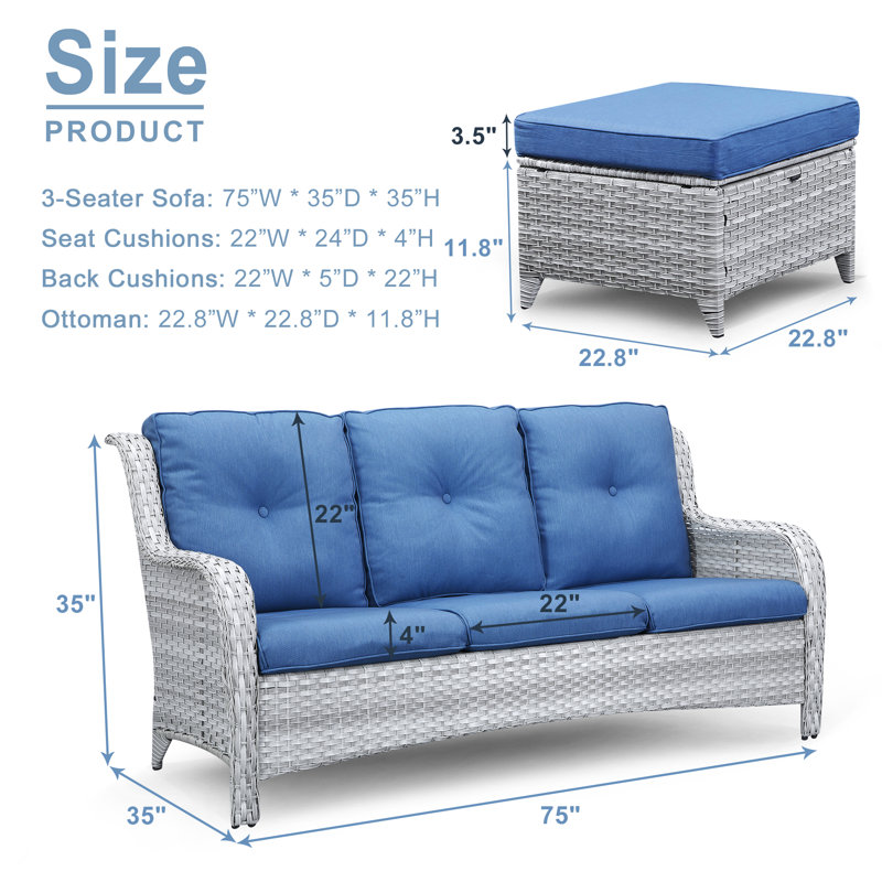 Schutt 72.44'' Wide Straight Patio Sofa with Cushions, Navy Blue