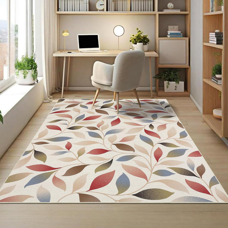 5x7 Washable Modern Botanical Rug Non-Slip Low Pile Leaf Pattern Foldable Stain Resistant Indoor Carpet Dining Room Red