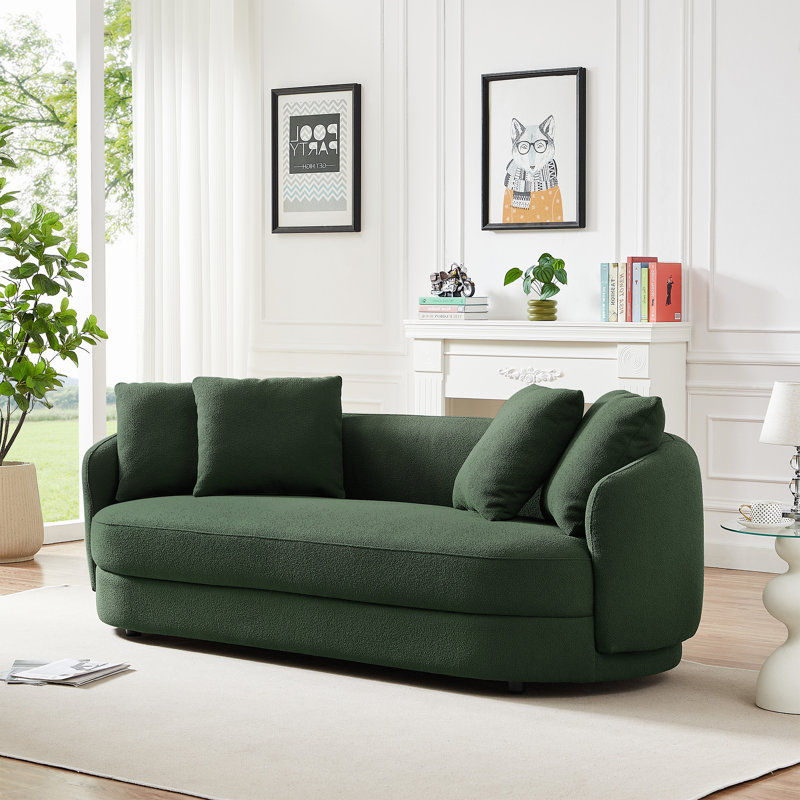 Aubreir Japandi Style Luxury Modern Boucle Fabric Curvy Couch, Olive Green Boucle