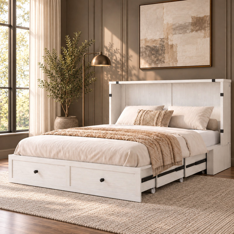 Lit escamotable 2 en 1, format double et grand lit avec station de recharge, Grand lit