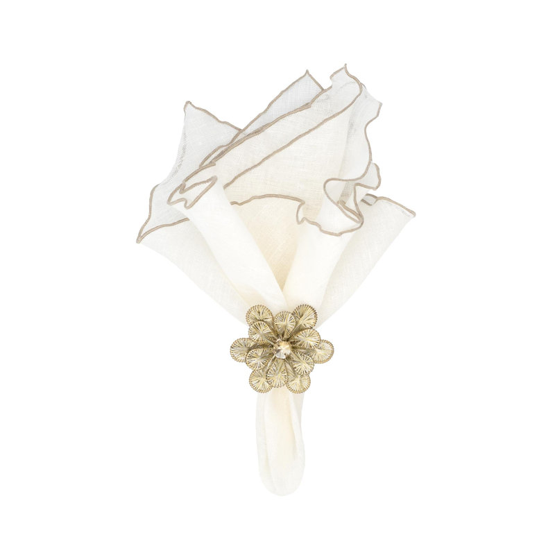Gold Beaded Flower Design Napkin Rings, Set of 4