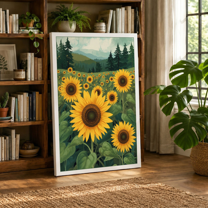 Sunflowers and Mountains Botanical - Wrapped Canvas, Terracotta Border, 30x20 - 76.2 x 50.8 cm