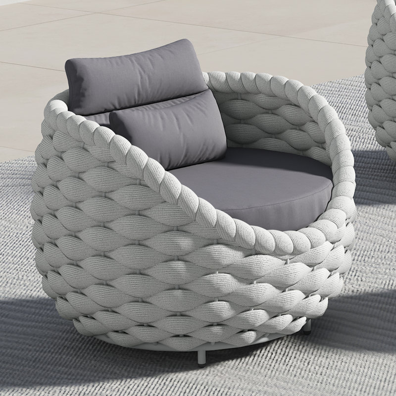 Kohji Fully Assembled 1 Person  Altuminum Frame Polyester Rope Outdoor Patio Chair with Cushions, Light Gray, Dark Gray