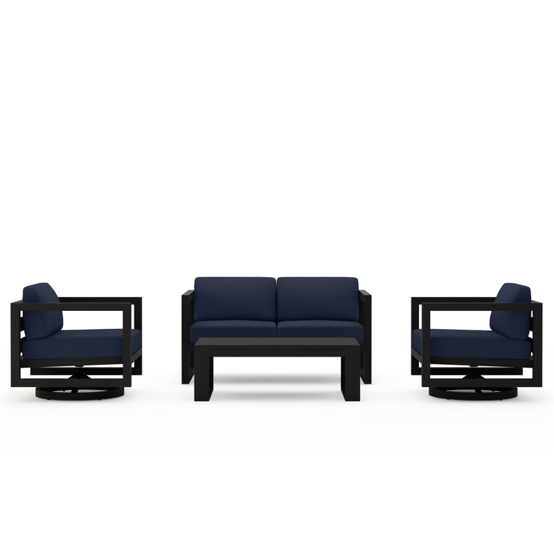 Avion 4 Piece Loveseat Set With Swivel, Spectrum Indigo Sunbrella®, Black