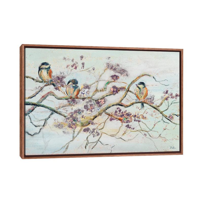 Birds On Cherry Blossom Branch by Patricia Pinto - Print on Canvas, 101.6 cm H x 66.04 cm W, Classic Brown Wood Framed