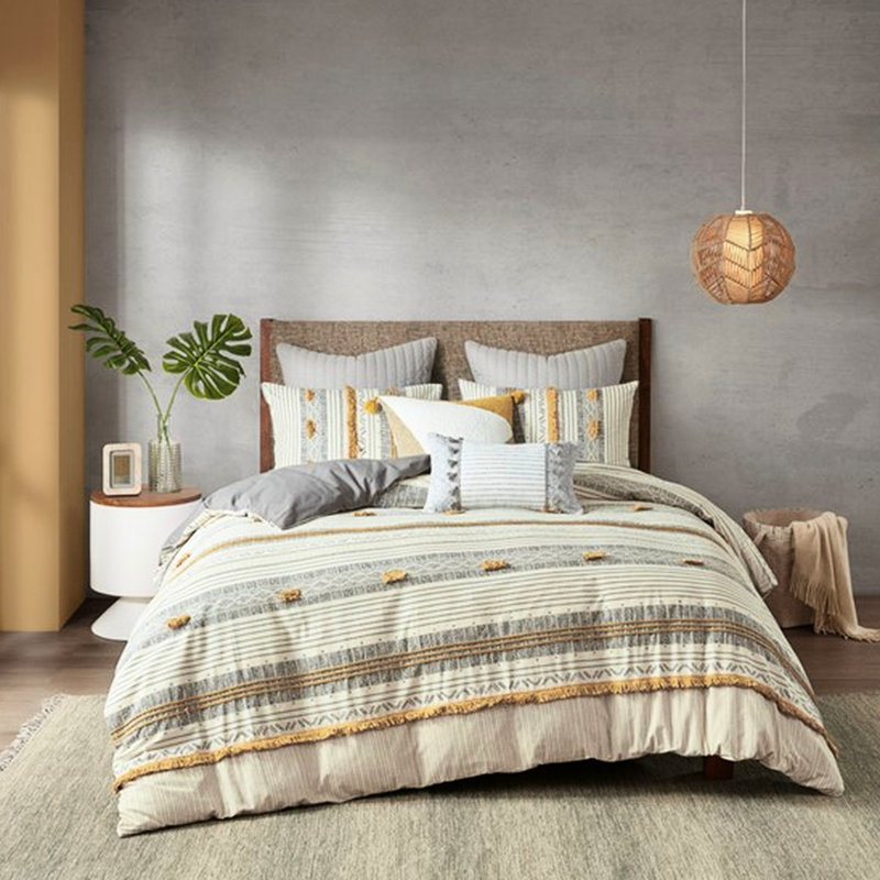 Housse de couette 100% coton pour lit très grand / très grand avec fermeture à boutons en tissu gris et jaune