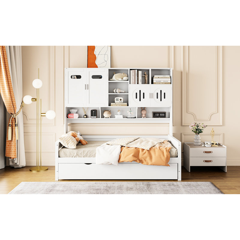 Lit de jour moderne avec lit gigogne et rangement, Lit simple, Blanc