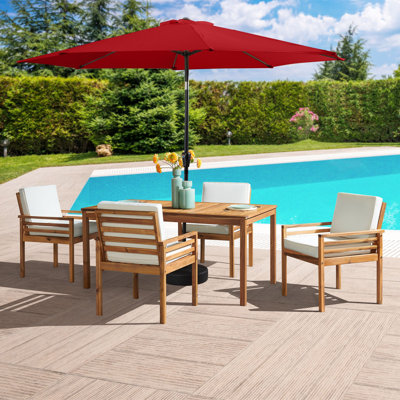 Arjay 8 Pc Patio Dining Set Wood One 63" Table Chairs With Cushions And 1 10-Foot Tilt Umbrella