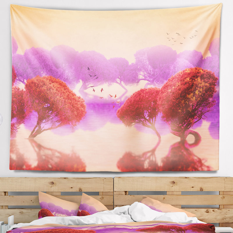 Tapisserie à jardins rouge et mauve en polyester avec accessoires suspendus inclus, H 50 po x l 60 po