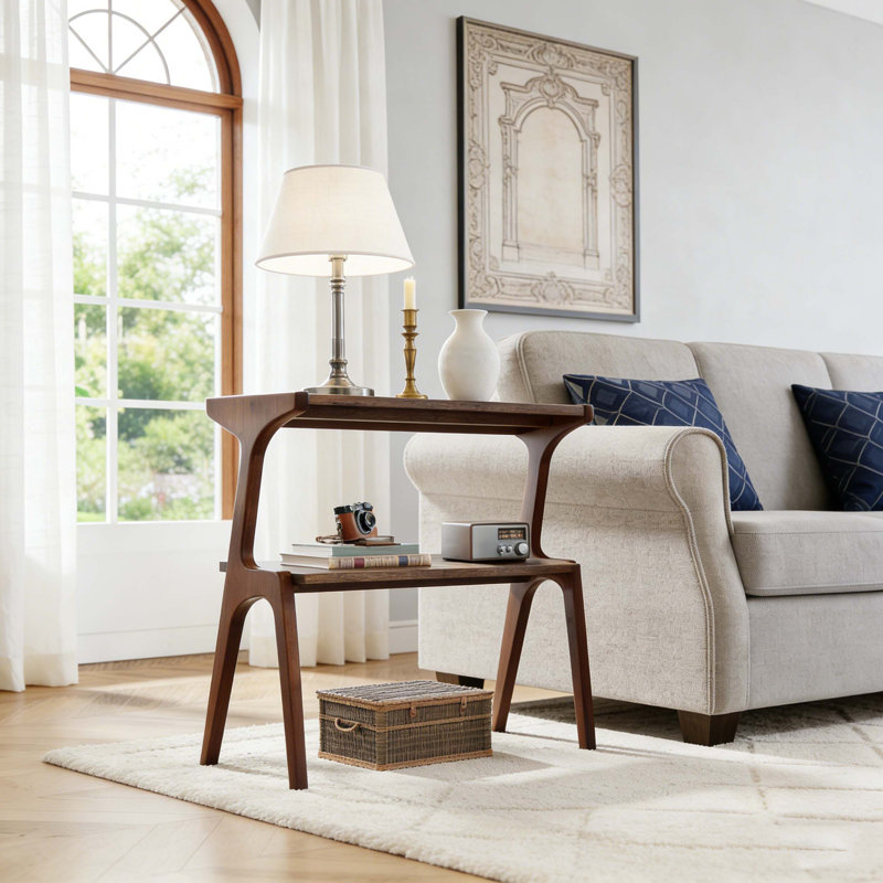 Table d'appoint à 2 niveaux en bois massif avec tablette de rangement, Brun rustique