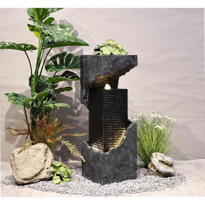 35" Black and Gray Outdoor Waterfall Fountain with LED Lights