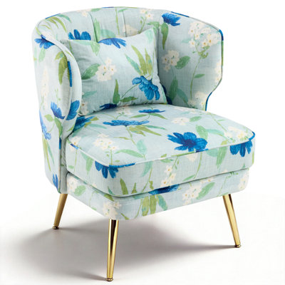 Lemley Floral Velvet Barrel Accent Chair With Lumbar Pillow - Mid Century Modern Upholstered Small Space Reading Chair With Gold Metal Legs For Living Room, Bedroom