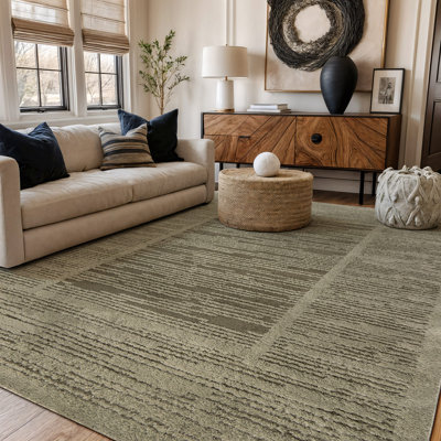 Striped Framed Border Sage Green Power Loomed Soft Shag High-Low Indoor Area Rug
