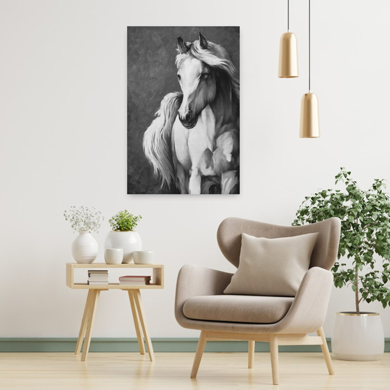 Art blanc contemporain, cheval blanc, H 36 po x l 24 po