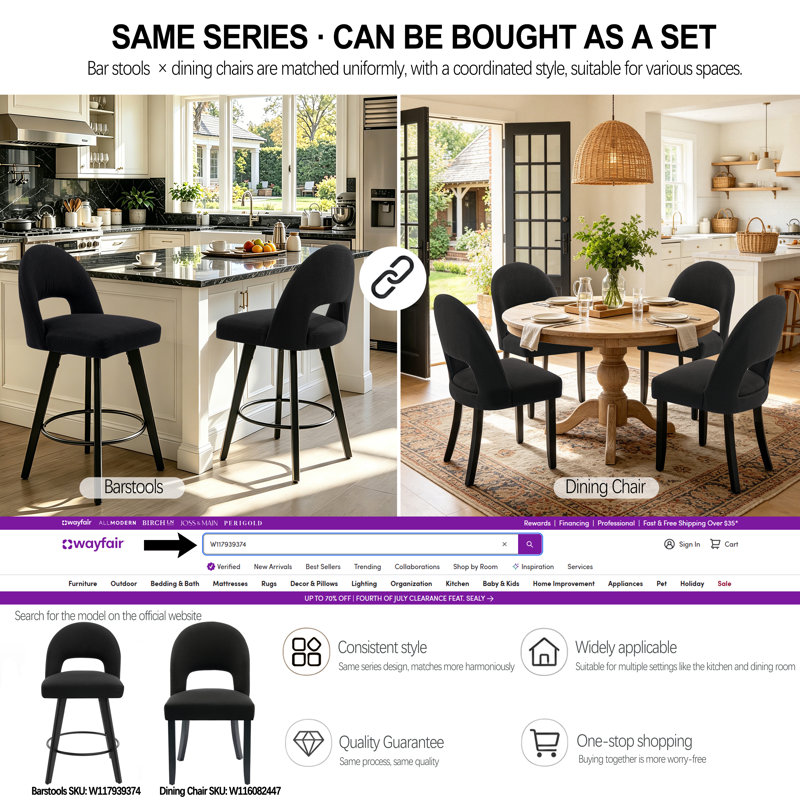 26" Upholstered Swivel Counter & Bar Stool with Solid Wood Frame, Black