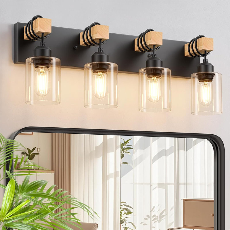 3-Lights Wood Bathroom Vanity Light With Clear Glass Shades, 4