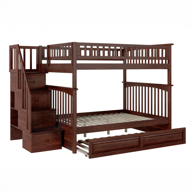 Blaisdell Solid Wood Storage Staircase Bunk Bed with Raised Panel Roll Out Trundle, Walnut, Full over Full