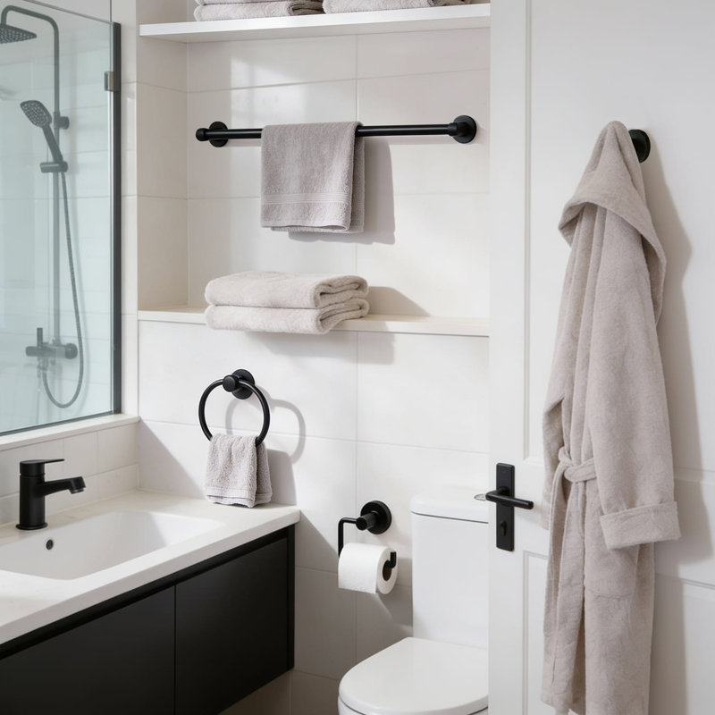 4 Piece Bathroom Accessory Set Including Towel Ring, Robe Hook, 24" Towel Bar and Toilet Paper Holder, Matte Black
