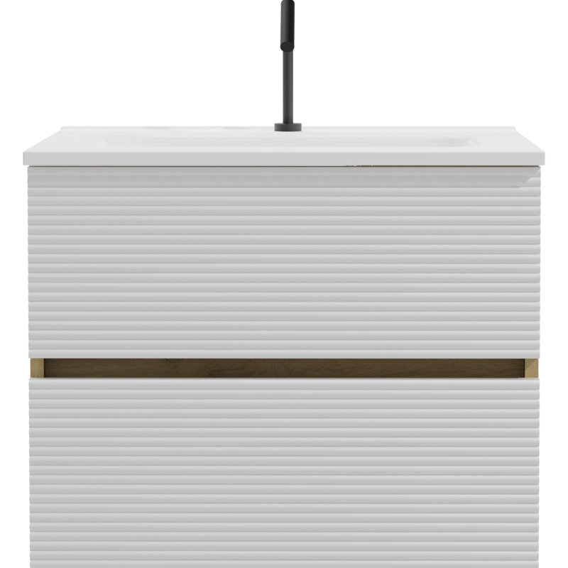 Meuble-lavabo de salle de bain moderne - blanc neige et chêne naturel, lavabo à débordement en céramique, rangement abondant, armoire de lavabo silencieuse silencieuse