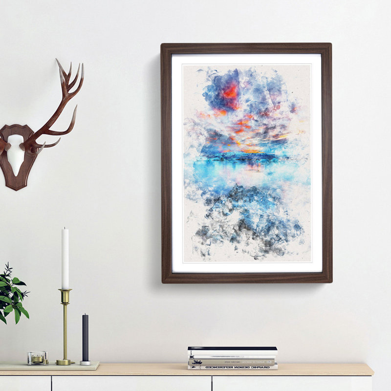 Iceland View Watercolour - Picture Frame Graphic Art, 87cm H x 62cm W x 2cm D, Walnut Framed