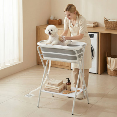 Baignoire pour chien 2 en 1, station de lavage pour le bain et le toilettage, baignoire surélevée, baignoire pliable et portable pliable pour petits chiens chiots, animaux de compagnie, intérieur et extérieur