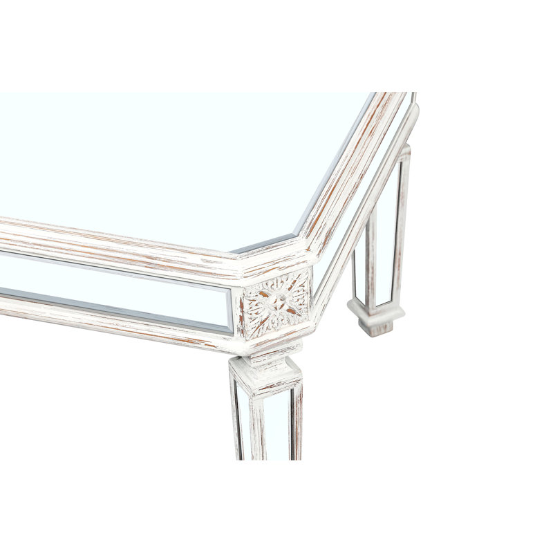 Silver Mirrored Coffee Table, Vintage Carved Elements, Rectangle Glass Tea Table With Mirrored Finish, Modern Center Table For Living Room And Office (24" D X 48" W X 18" H)