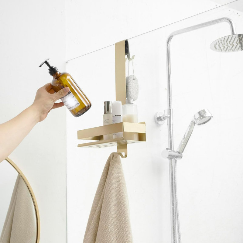 No Drilling Shower Caddy Hanging Over Door Shower Organiser Stainless Steel with Hooks Gold