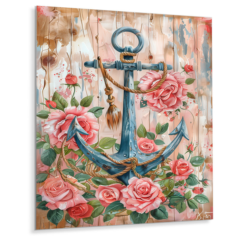 Rose, rose, vert, ancre rétro, roses, art mural côtier, salon, Métal métal, H 32 po x l 16 po x P 1 po