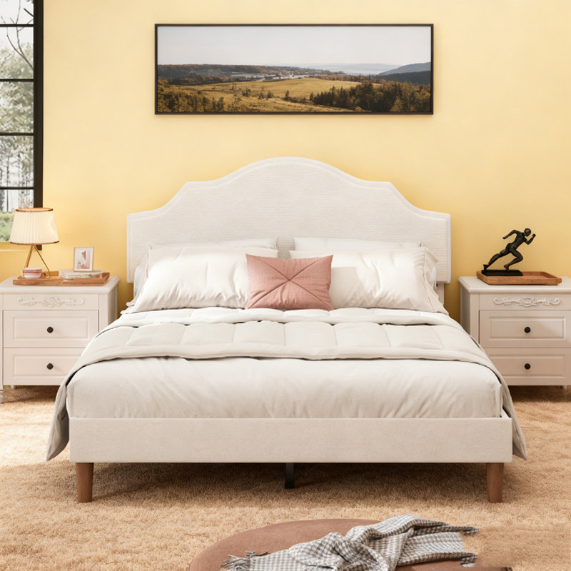 Lit plateforme tapissier avec tête de lit réglable, rembourrage en tissu de lin, Beige, Grand lit