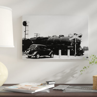 " 1930s Automobile Stopped At Railroad Grade Crossing With Steam Engine Speeding By " Black and White Photography