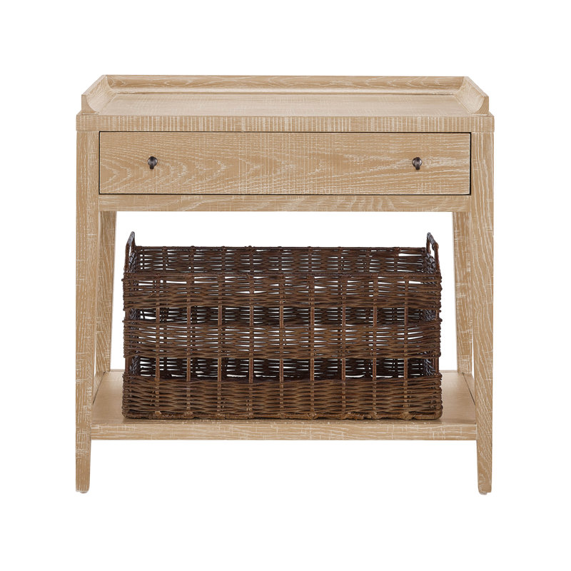 1 - Drawer Nightstand with Wicker Basket, Rustic Natural Oak