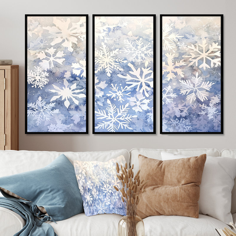 «Snowflakes Dancing In Winter I», ensemble d'art mural paysage d'hiver, H 32 po x l 48 po, Reproduction avec cadre flottant