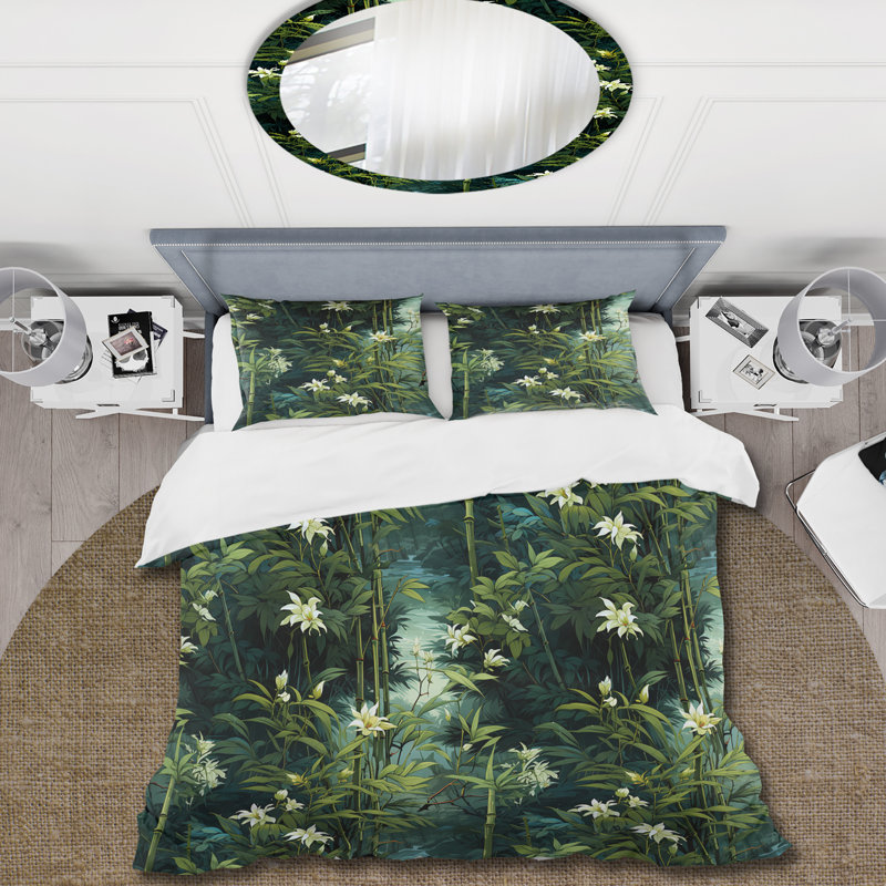 Bamboo Sanctuary - Oriental Duvet Cover Set, Queen Duvet Cover + 2 Standard Shams