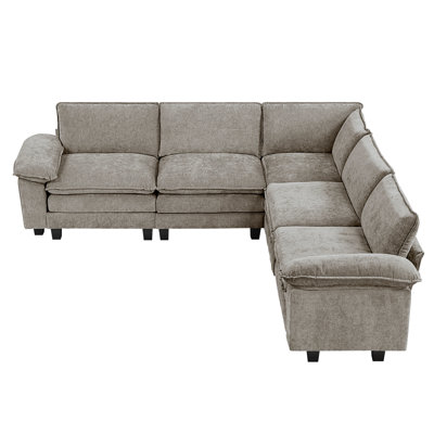 Canapé modulaire Modern 5 avec revêtement en chenille, structure en contreplaqué, rembourrage élevé, coussins d'accoudoirs réglables, dossiers réversibles, housses amovibles, pieds en faux bois noir exposé, poids de 300 lb par siège,