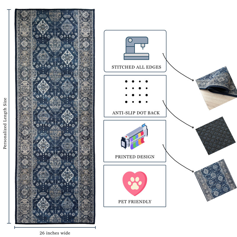 Tapis de couloir d'intérieur antibactérien bleu Mahal, Tapis de couloir 2 pi 2 po x 13 pi