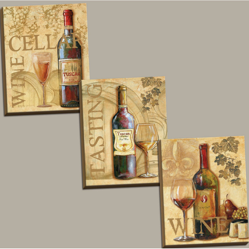 « wine raisin art prints tuscany cellars », ensemble de 3 reproductions d’art, H 14 po x l 11 po x P 0,75 po, Toile tendue