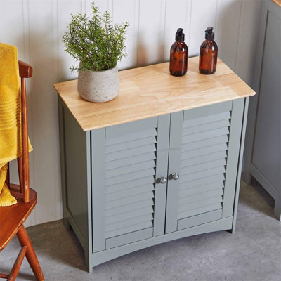 Bathroom Cabinet – Grey & Rubberwood Freestanding Storage Cupboard - Storage Unit with Shutter Style Doors, 2 Shelves & Solid Wood Top - For Bathroom, Living Room, Kitchen, Hallway - Shrewsbury