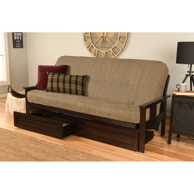 Le cadre de futon double Stratford comprend des tiroirs de rangement et un matelas, Innerspring, Taxi fumée de bois, Espresso