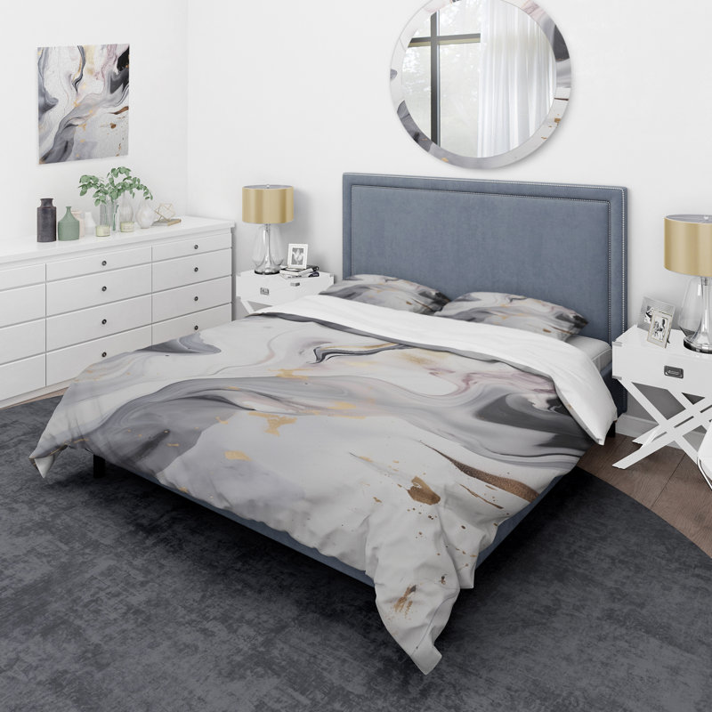 Ensemble de housse de couette en microfibre / polyester blanc et gris Ripples Of Stone I