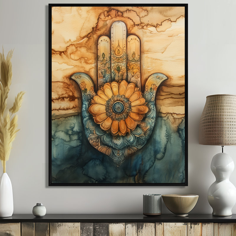 Hamsa of Golden Protection - Boho, art mural encadré abstrait, H 20 po x l 12 po, Cadre flottant noir
