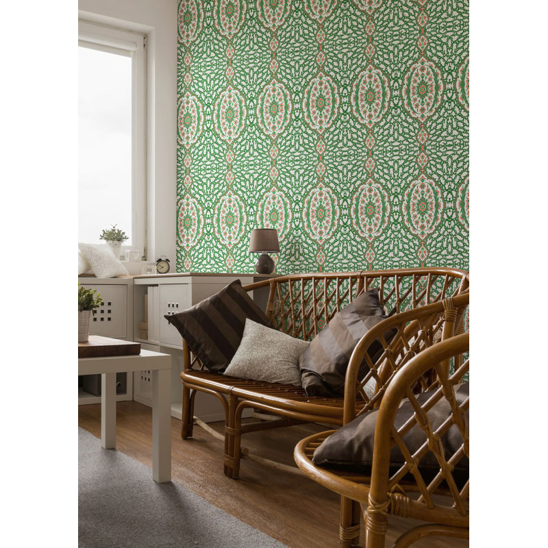 Nomad Ottoman Jewel 10' L x 24" W Peel and Stick Wallpaper Roll, Green, Faux Grasscloth