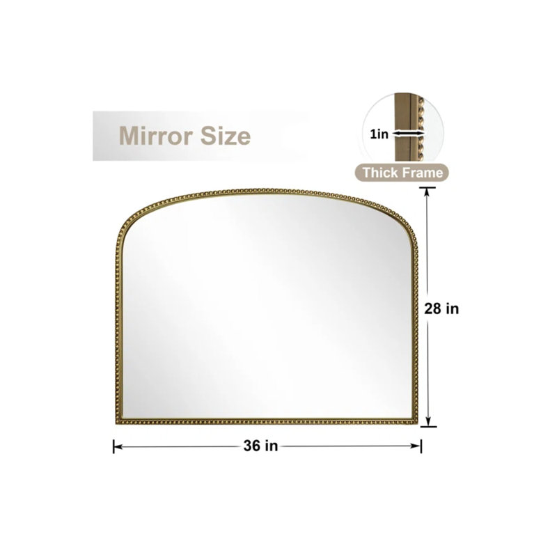 Arched Wall Mirror 36" X 28",Antique Gold Metal Beaded Frame, 28" x 36"
