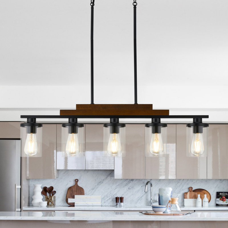 5-Light Kitchen Pendant Light, Two-Tier Wood Chandelier