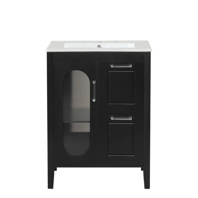 Meuble-lavabo 24 po avec lavabo, meuble-lavabo avec deux tiroirs et porte, tablette réglable, bois massif et panneau de fibres à densité moyenne