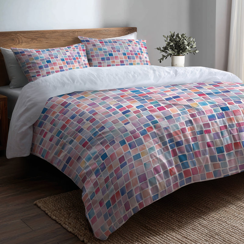 Ensemble de literie géométrique pour enfants 3 pièces - Ensemble de housse de couette Patchwork Tiny Tiles, Grand lit