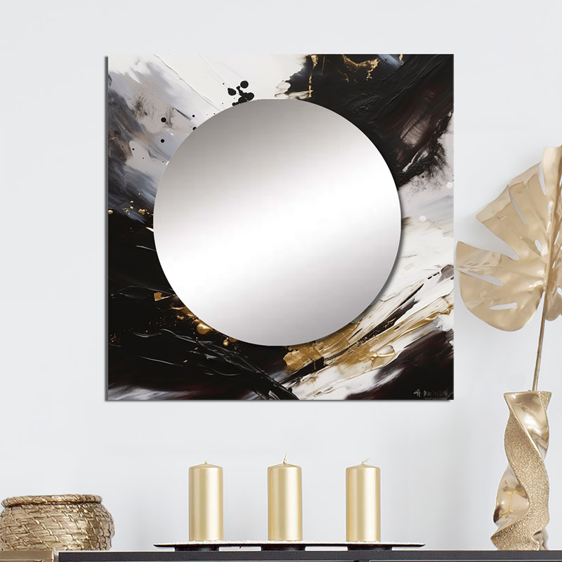 «River Happiness» abstrait doré noir blanc III - art abstrait carré de miroir mural de salon, 23 po x 23 po