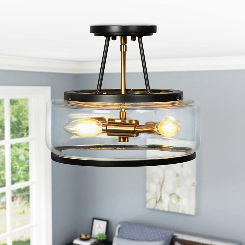 Modern Farmhouse Black Semi-Flush Mount, 11.8 In. 3-Light Plated Gold Kitchen Ceiling Fixture Light With Seeded Glass
