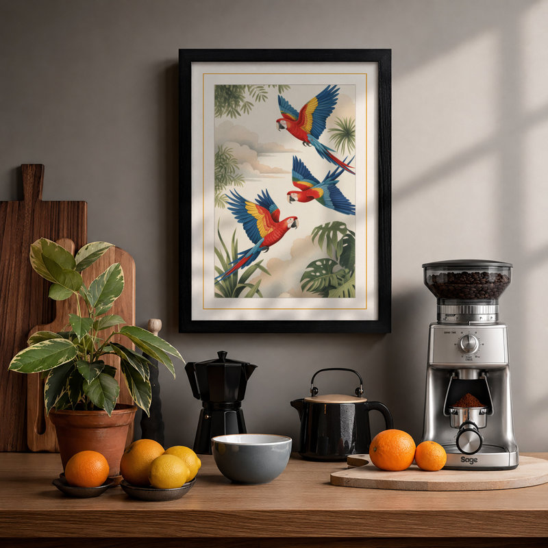 Macaws in Flight Tropical - Framed Print, A2 - 59.4 x 42.0 cm, Black
